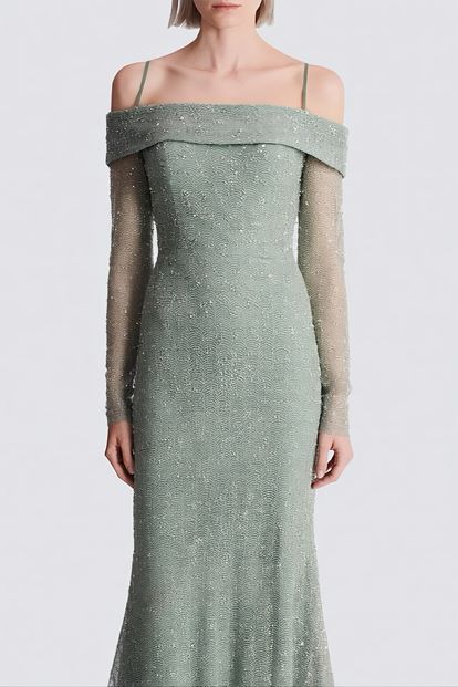 Mint Kayık Yaka Işıltılı Abiye Elbise